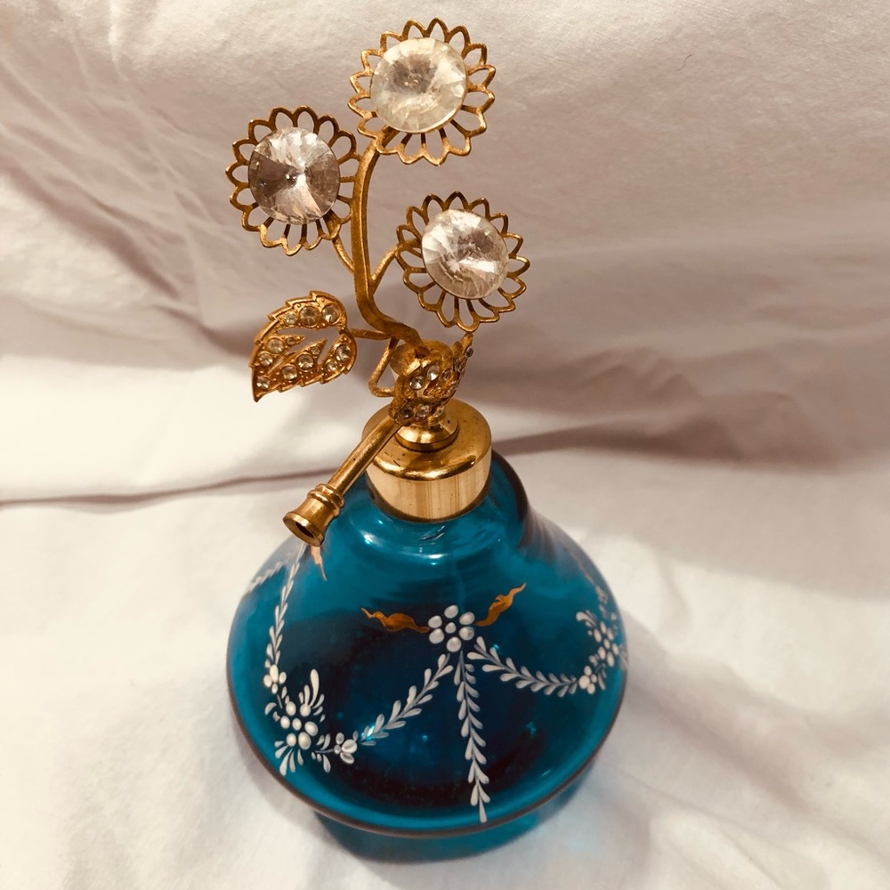 Vintage Blue Glass Floral Perfume Atomizer with Gold-tone Sprayer.